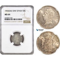 AH357, Spain, Alfonso XIII, 50 Centimos 1904 (04) SMV, Madrid Mint, Silver, NGC MS64