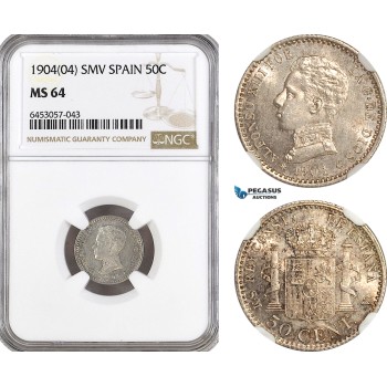 AH357, Spain, Alfonso XIII, 50 Centimos 1904 (04) SMV, Madrid Mint, Silver, NGC MS64