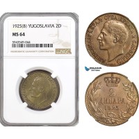 AH367, Yugoslavia, Alexander I, 2 Dinara 1925 B, Brussels Mint, NGC MS64