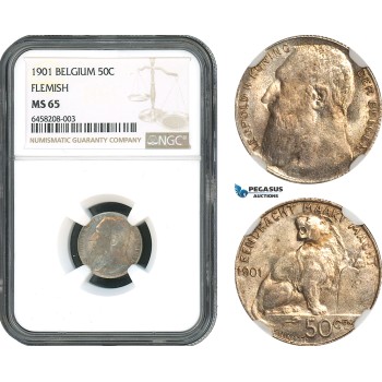 AH369, Belgium, Leopold II, 50 Centimes 1901, Flemish Legend, Brussels Mint, Silver, NGC MS65