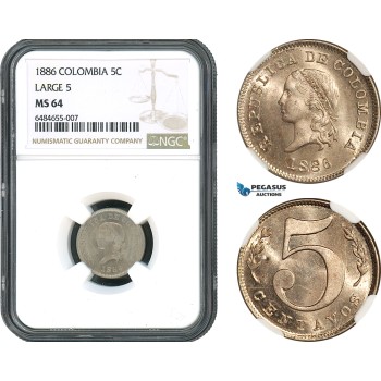 AH384, Colombia, 5 Centavos 1886, Large 5, NGC MS64