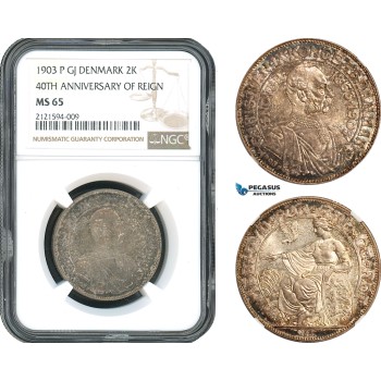 AH386, Denmark, Christian IX, 2 Kroner 1903 P GJ, Copenhagen Mint, Silver (40th Ann. of Reign) NGC MS65