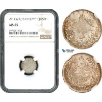 AH389, Ottoman Empire, Egypt, Mehmed V, 1 Qirsh AH1327//3 H, Heaton Mint, Silver, NGC MS65