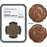 AH394, France, Napoleon III, 10 Centimes 1853 W, Lille Mint, NGC MS62BN