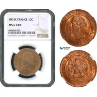AH395, France, Napoleon III, 10 Centimes 1864 K, Bordeaux Mint, NGC MS63RB, Pop 1/3