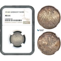 AH399, Germany, Wilhelm II, 1 Mark 1914 E, Muldenhütten Mint, Silver, NGC MS64