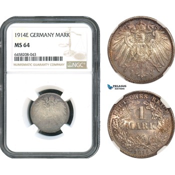 AH399, Germany, Wilhelm II, 1 Mark 1914 E, Muldenhütten Mint, Silver, NGC MS64