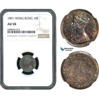 AH403, Hong Kong, Victoria, 10 Cents 1891, London Mint, Silver, NGC AU58