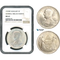 AH404, Hungary, Miklos Horthy, 5 Pengo 1939 BP, Budapest Mint, Silver, NGC MS63