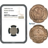 AH406, Italy, Roman Republic, 4 Baiocchi 1849 R, Rome Mint, Silver, NGC MS63