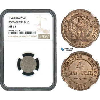 AH406, Italy, Roman Republic, 4 Baiocchi 1849 R, Rome Mint, Silver, NGC MS63