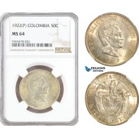 AH41, Colombia, 50 Centavos 1922 P, Philadelphia Mint, Silver, NGC MS64