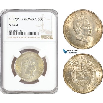 AH41, Colombia, 50 Centavos 1922 P, Philadelphia Mint, Silver, NGC MS64