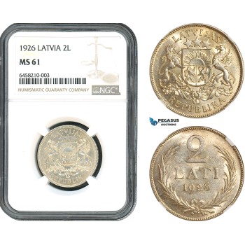 AH414, Latvia, 2 Lati 1926, London Mint, Silver, NGC MS61