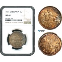 AH416, Lithuania, 5 Litai 1925, Silver, NGC MS61 AH416, Lithuania, 5 Litai 1925, Silver, NGC MS61