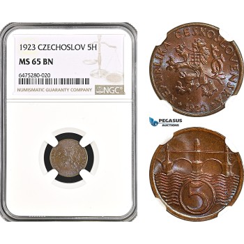 AH42, Czechoslovakia, 5 Haleru 1923, Kremnitz Mint, NGC MS65BN