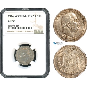 AH425, Montenegro, Nicholas I, 1 Perper 1914, Vienna Mint, Silver, NGC AU58