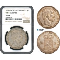 AH429, Netherlands, Willem III, 2 1/2 Gulden 1874, Sword With Scabbard, Utrecht Mint, Silver, NGC AU58