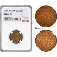 AH43, Danish West Indies, Christian IX, 2 1/2 Bit / 1/2 Cent 1905, Copenhagen Mint, NGC MS64BN