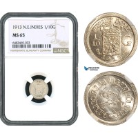 AH432, Netherlands East Indies, Wilhelmina, 1/10 Gulden 1913, Silver, NGC MS65