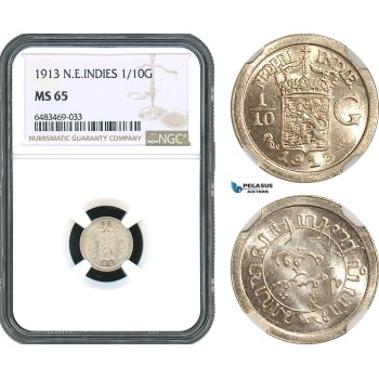 AH432, Netherlands East Indies, Wilhelmina, 1/10 Gulden 1913, Silver, NGC MS65