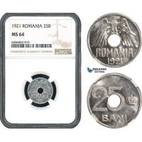 AH441, Romania, Ferdinand, 25 Bani 1921, Huguenin Mint, NGC MS64