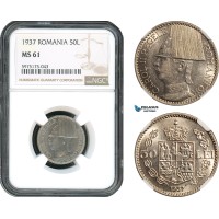 AH445, Romania, Carol II, 50 Lei 1937, Bucharest Mint, NGC MS61