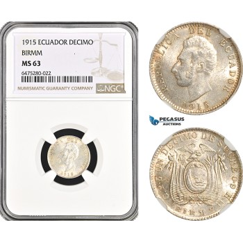 AH45, Ecuador, 1 Decimo de Sucre 1915, Birmingham Mint, Silver, NGC MS63