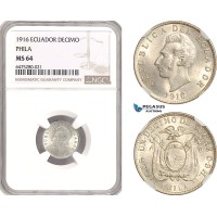 AH46, Ecuador, 1 Decimo de Sucre 1916, Philadelphia Mint, Silver, NGC MS64