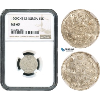 AH460, Russia, Nicholas II, 15 Kopeks 1909 СПБ ЭБ, St. Petersburg Mint, Silver, NGC MS63