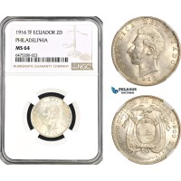AH47, Ecuador, 2 Decimos de Sucre 1916 TF, Philadelphia Mint, Silver, NGC MS64