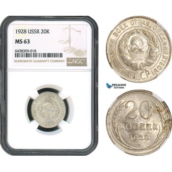 AH471, Russia, USSR, 20 Kopeks 1928, Leningrad Mint, Silver, NGC MS63