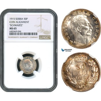 AH483, Serbia, Petar I, 50 Para 1915, Schwartz, Coin Alignment, Silver, NGC MS65