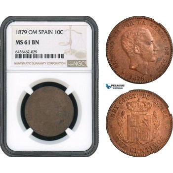 AH485, Spain, Alfonso XII, 10 Centimos 1879 OM, Barcelona Mint, NGC MS61BN