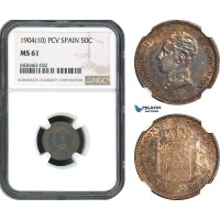 AH486, Spain, Alfonso XIII, 50 Centimos 1904 (10) PCV, Madrid Mint, Silver, NGC MS61