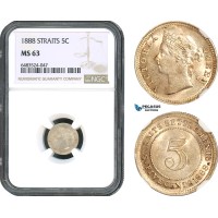AH487, Straits Settlements, Victoria, 5 Cents 1888, Silver, NGC MS63