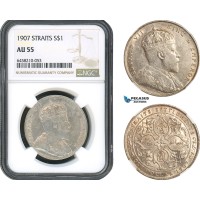 AH489, Straits Settlements, Edward VII, 1 Dollar 1907, Bombay Mint, Silver, NGC AU55