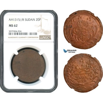 AH492, Sudan, Abdullah Ibn Mohammed, 20 Piastres AH1315//8, Copper, NGC MS62, Pop 2/1