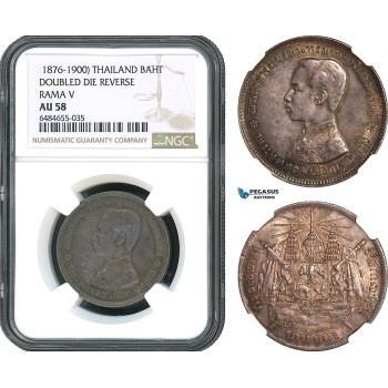 AH493, Thailand, Rama V, 1 Baht ND (1876-1900) Doubled Die Reverse, Silver, NGC AU58