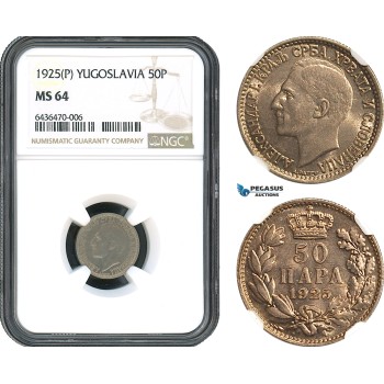 AH498, Yugoslavia, Alexander I, 50 Para 1925 P, Poissy Mint, NGC MS64