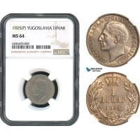 AH499, Yugoslavia, Alexander I, 1 Dinar 1925 P, Poissy Mint, NGC MS64