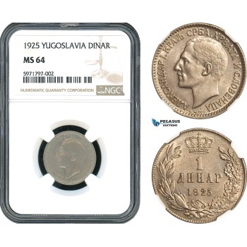 AH500, Yugoslavia, Alexander I, 1 Dinar 1925, Brussels Mint, NGC MS64