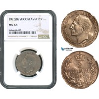 AH502, Yugoslavia, Alexander I, 2 Dinara 1925 B, Brussels Mint, NGC MS63