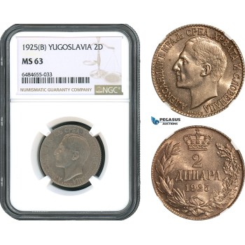 AH502, Yugoslavia, Alexander I, 2 Dinara 1925 B, Brussels Mint, NGC MS63