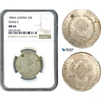 AH506, Austria, Franz II, 20 Kreuzer 1806 A, Vienna Mint, Silver, NGC MS64, Top Pop!