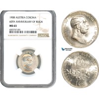 AH513, Austria, Franz Joseph, 1 Corona 1908, Vienna Mint, Silver "60TH ANNIVERSARY OF REIGN" NGC MS63