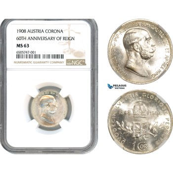 AH513, Austria, Franz Joseph, 1 Corona 1908, Vienna Mint, Silver 60TH ANNIVERSARY OF REIGN NGC MS63