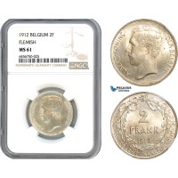 AH519, Belgium, Albert I, 2 Francs 1912, Brussels Mint, Silver, Flemish Text, NGC MS61