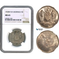 AH522, British North Borneo, 5 Cents 1928 H, Heaton Mint, NGC MS65