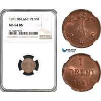 AH53, Finland, Alexander III. of Russia, 1 Penni 1891, Helsinki Mint, NGC MS64BN